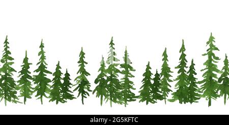 Alberi di pino verde acquerello. Natale e Capodanno senza giunture con bordo orizzontale Foto Stock