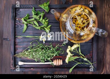 Concetto sano di tè alle erbe, teiera di vetro con tè di tiglio, menta, timo e ramomilla sprigs su un vassoio di legno, primo piano. Foto Stock