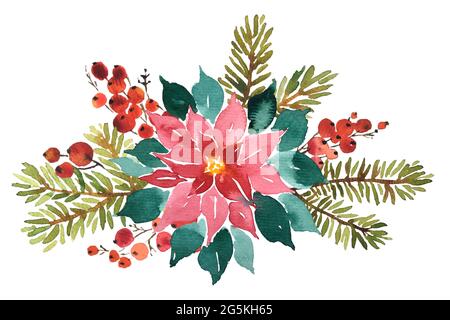 Acquerello arangement di poinsettia, abete rosso e bacche rosse per decorazione di Natale Foto Stock