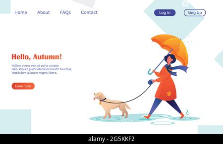 Giovane donna che cammina il cane sotto ombrello, autunno, tempo piovoso. Carino personaggio cartoon in stile piatto. Illustrazione vettoriale stock Illustrazione Vettoriale