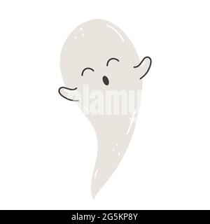 Simpatico fantasma spooky isolato su sfondo bianco. Personaggio spaventoso e divertente. Illustrazione vettoriale disegnata a mano in stile piano cartoon. Perfetto per le schede, gli inviti, i disegni di Halloween, le decorazioni. Illustrazione Vettoriale