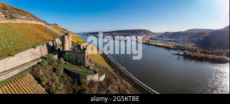 Vista aerea, Castello di Ehrenfels, Assmannshausen, Rüdesheim, Patrimonio dell'Umanità dell'UNESCO, Valle del Medio Reno superiore, Reno, Assia, Germania, Europa Foto Stock