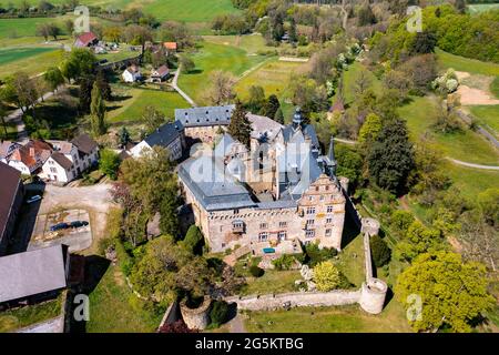 Veduta aerea, Castello medievale di Eisenbach, Lauterbach, Vogelsberg, Assia, Germania, Europa Foto Stock