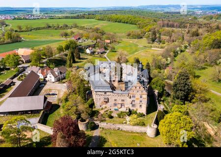 Veduta aerea, Castello medievale di Eisenbach, Lauterbach, Vogelsberg, Assia, Germania, Europa Foto Stock