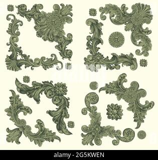 Angoli decorativi vintage. Set di design. Illustrazione disegnata a mano modificabile. Incisione vettoriale. Isolato su sfondo chiaro. 8 EPS Illustrazione Vettoriale