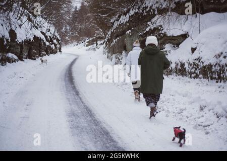 due persone in giacche da neve camminano attraverso la strada coperta da neve inverno ceco Foto Stock