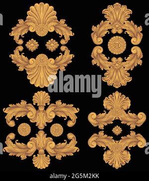 Elementi decorativi vintage . Set di design. Illustrazione disegnata a mano modificabile. Incisione vettoriale. Isolato su sfondo nero. 8 EPS Illustrazione Vettoriale