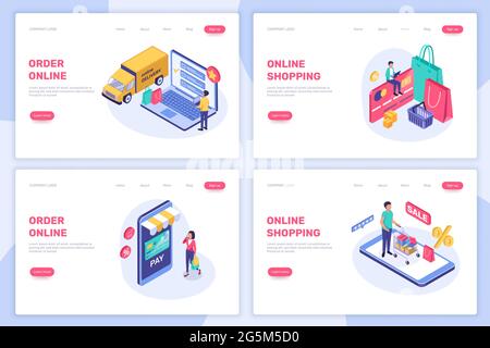 Acquisti online isometrici. La gente che compra nel concetto del negozio del Internet. Pagamento digitale, consegna online, set di vettori di landing page e-commerce. Clienti che acquistano prodotti utilizzando smartphone, notebook Illustrazione Vettoriale