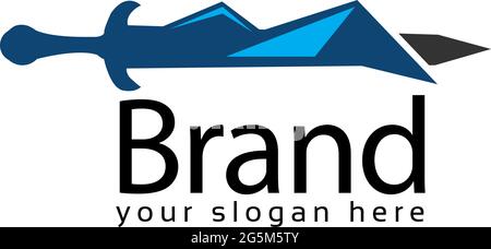 Logo Mountain Sword. Illustrazione vettoriale su sfondo bianco Illustrazione Vettoriale