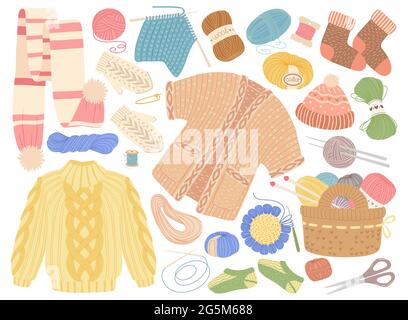 Vestiti a maglia. Tessuto caldo inverno abbigliamento sciarpa, maglione, calzino, cappelli. Set vettoriale per maglieria, maglieria o utensili a crochet. Accessori isolati fatti a mano per basse temperature invernali Illustrazione Vettoriale