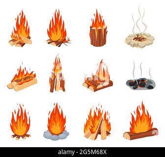 Falò cartoni animati. Fiamme di fuoco all'aperto con bordo in pietra, fuoco bruciato. Forest turista fuoco ardente con vettore di fumo impostato. Legna da ardere all'aperto, camino da campeggio Illustrazione Vettoriale