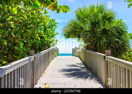 Hollywood, Miami Beach Boardwalk in Florida con gradini in legno e nessuno che conduce all'acqua blu dell'oceano durante la giornata di sole in paradiso tropicale Foto Stock