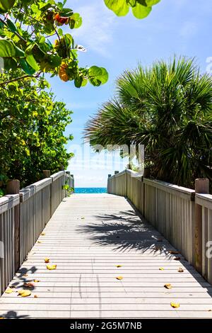 Hollywood, Miami Beach Boardwalk vista verticale in Florida con gradini in legno e nessuno che conduce all'acqua blu dell'oceano durante il giorno di sole in paradi tropicali Foto Stock