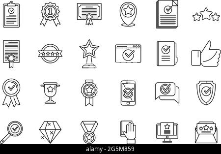 Le icone degli esami di controllo qualità impostano il vettore di contorno. Crescita dei certificati Illustrazione Vettoriale