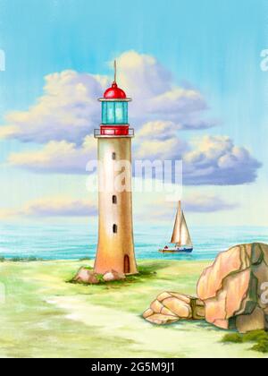 Pomeriggio estivo pigro con faro e mare. Illustrazione dei supporti misti. Foto Stock