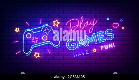 Gioca i giochi hanno divertente cartello al neon con game pad, cartello luminoso, banner luminoso. Logo del gioco al neon, emblema. Illustrazione vettoriale Illustrazione Vettoriale