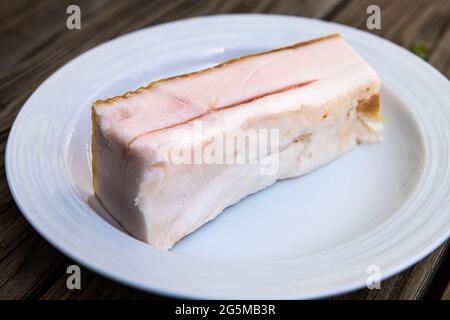 Primo piano di piatti tradizionali salati a base di grasso di pancia di maiale per preparare panini a base di fette di lardo come la cucina tradizionale russa sul piatto Foto Stock