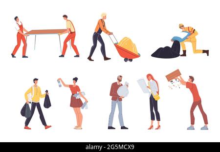 Cartoni animati piatti lavoratori industriali personaggi al lavoro set,concetto di illustrazione vettoriale Illustrazione Vettoriale
