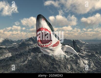 Grande squalo bianco che si allude dal mare tempestoso Foto Stock