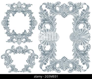 Cornici decorative vintage. Set di design. Illustrazione disegnata a mano modificabile. Incisione vettoriale. Isolato su sfondo bianco. 8 EPS Illustrazione Vettoriale