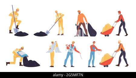 Cartoni animati piatti lavoratori industriali personaggi al lavoro set,concetto di illustrazione vettoriale Illustrazione Vettoriale