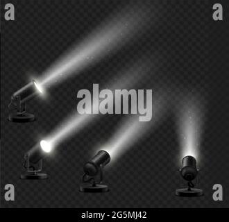 Set realistico di lampade da pavimento nere con effetto raggio chiaro per decorare uno showroom o un podio vetrina su uno sfondo scuro. Illustrazione Vettoriale