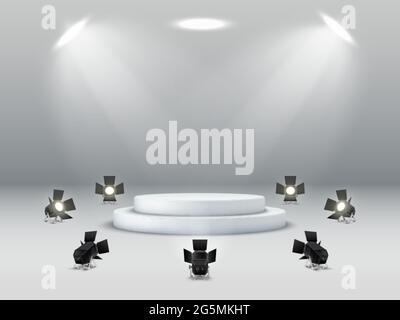 Podio vuoto bianco rotondo circondato da faretti podio Spotlight su sfondo bianco. Illustrazione Vettoriale