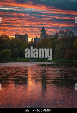 Un corpo d'acqua con alberi ed edifici sullo sfondo, Harlem Meer, Central Park, New York City Foto Stock
