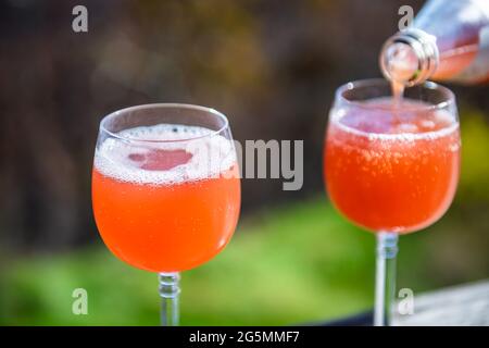 Closeup di due bicchieri di succo italiano bottiglia di vetro bevanda gassata sangue arancio pompelmo italiano soda e bokeh sfondo della natura Foto Stock