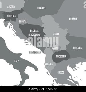 Mappa politica dei Balcani - Stati della penisola balcanica. Quattro tonalità di grigio dell'illustrazione vettoriale Illustrazione Vettoriale