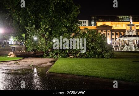 Stoccarda, Germania. 28 Giugno 2021. Un albero caduto si trova sulla Schlossplatz. Una tempesta grave ha attraversato ampie parti del Baden-Württemberg, causando ingenti danni. Credit: Christoph Schmidt/dpa/Alamy Live News Foto Stock