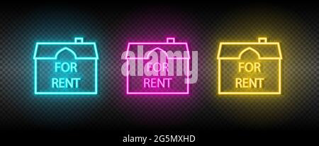 Vettore immobiliare in affitto, casa, casa. Immagine insieme di icone al neon blu, giallo e rosso. Illustrazione Vettoriale
