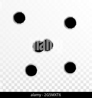 Sparare il segno di gocciolamento del foro bullet. Fucile a percussione, punto di attacco del foro bullet su trasparente. Illustrazione Vettoriale