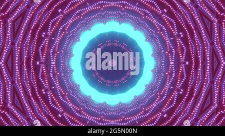 L'anello blu brillante si illumina su uno sfondo con motivo caleidoscopio senza cuciture Foto Stock