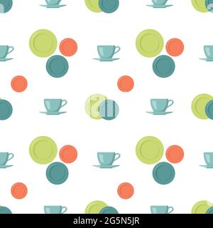 Modello senza cuciture con tazze, piattini e piatti Illustrazione Vettoriale