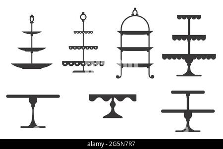 Set di supporti per torte in stile piatto a icone. Vassoi vuoti per frutta e dessert. Illustrazione vettoriale isolata su sfondo bianco. Illustrazione Vettoriale