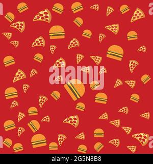 Fast food pattern con moderne illustrazioni doodle food. Fondo vettoriale senza cuciture, hamburger con formaggio e cotolette, fette di pepperoni pizza su un r Illustrazione Vettoriale