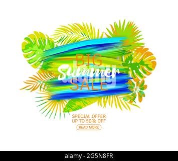 Poster vettoriale con foglie tropicali e testo Estate sale sul realistico multicolor striscio. Banner sconto luminoso con elemento disegnato a mano. Illustrazione Vettoriale