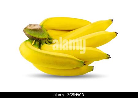 Mazzo di banane gialle mature isolate su sfondo bianco. Foto Stock