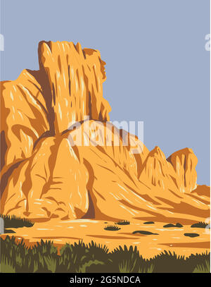 Poster WPA arte di strette catene montuose in avaria e pianeggianti aride valli o bacini all'interno del bacino e Range National Monument a Lincoln e Nye contea, N Illustrazione Vettoriale