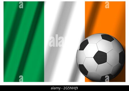 Irlanda. Bandiera nazionale con palla di calcio in primo piano. Sport football - Illustrazione 3D Foto Stock