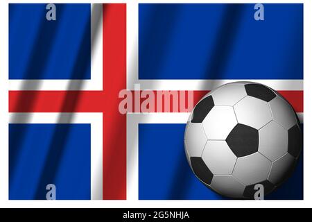 Islanda. Bandiera nazionale con palla di calcio in primo piano. Sport football - Illustrazione 3D Foto Stock