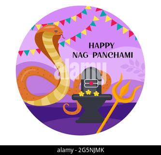 Happy Nag Panchami biglietto d'auguri con re cobra. Snake Festival in India. Illustrazione vettoriale. Illustrazione Vettoriale