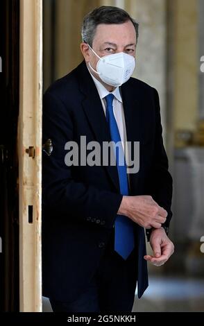 Roma, Italia. 28 Giugno 2021. Il primo ministro italiano Mario Draghi ha visto prima del suo incontro con il Segretario di Stato americano Anthony Blinken a Palazzo Chigi a Roma. Credit: SOPA Images Limited/Alamy Live News Foto Stock