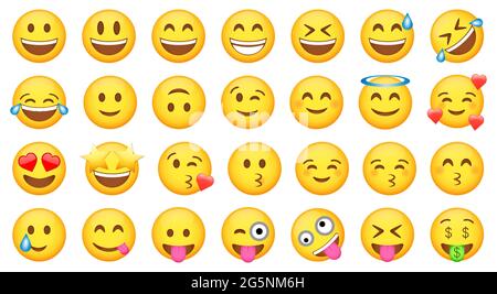 Vinnytsia, Ucraina - 30 maggio 2021: Insieme delle icone gialle graziose delle emoji. Emoticon divertenti volti con espressioni facciali. Raccolta vettoriale Illustrazione Vettoriale