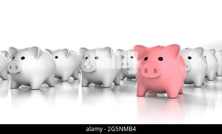 Il leader della banca dei piggy rosa e molte banche dei piggy bianchi. Speciale banco di piggy. rendering 3d. Foto Stock