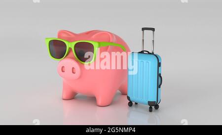 Porcellino banca in occhiali da sole e una valigia. Concetto di risparmio per le vacanze. rendering 3d. Foto Stock