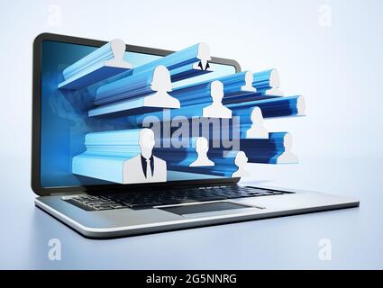 Le figure delle persone all'interno delle forme delle scatole connesse sullo schermo del notebook con mappa del mondo. Illustrazione 3D. Foto Stock