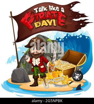 Parla come un banner del carattere del giorno dei pirati con l'illustrazione del personaggio dei cartoni animati pirati Illustrazione Vettoriale