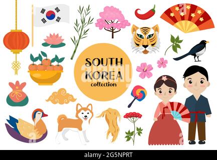 Insieme di oggetti della Corea del Sud. Collezione nazionale coreana di elementi di design con simboli tradizionali. Illustrazione vettoriale clip art. Illustrazione Vettoriale